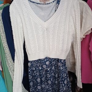 White Cable Knit Sweater with Blue Floral Dress